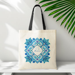 Blyskrapor aqua blue talavera monogrammet tygkasse