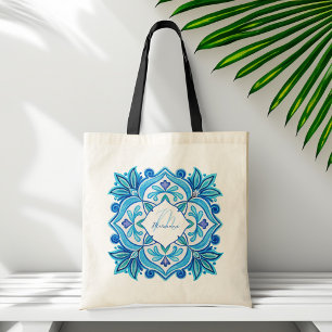 Blyskrapor aqua blue talavera monogrammet tygkasse