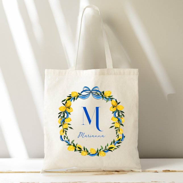 Blyskrapor av citronblått personlig tygkasse (Lemons blue bow ribbon personalized bridesmaids gifts monogrammed tote bag)