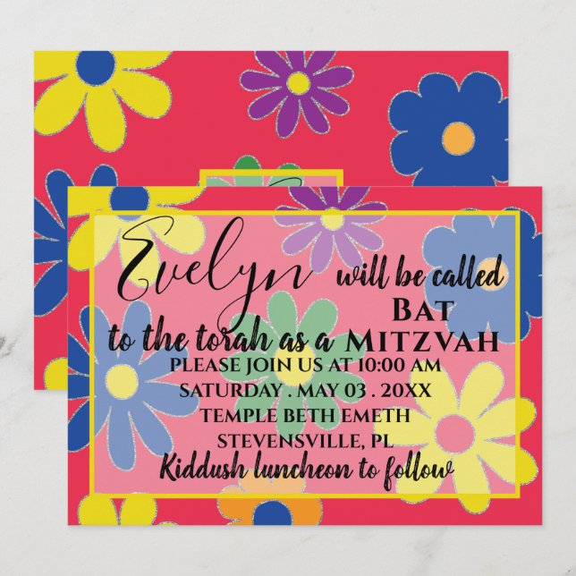 BM Fladdermus N Pub Mitzvah Groovy FLOU-inbjudan Inbjudningar (Fram/baksida)