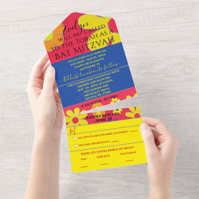 BM Pub Bat mitzvah alla i ett inbjudningsblommor (Tearaway)