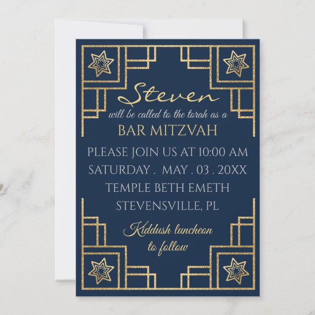 BM Pub eller Bat mitzvah Blue n Guld Art Deco Inbjudningar (Framsida)