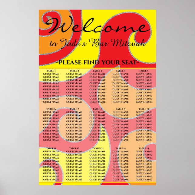 BM Pub och Bat mitzvah 1960:s sittplatsplan för St Poster (Framsidan)