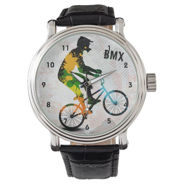 BMX Rider i Abstrakt Paint SQ WITH TEXT Armbandsur (Framsida)