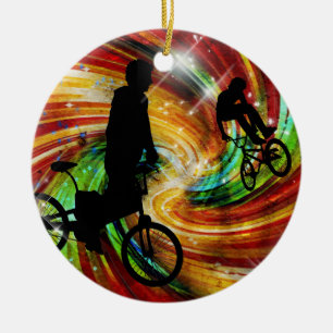 BMXers i röd och orange Grunge virvlar runt Julgransprydnad Keramik