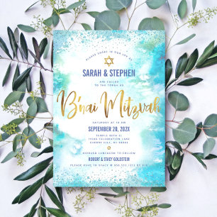 B'nai Mitzvah Guld Script Tur ise Watercolor Inbjudningar