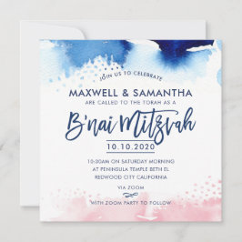 B'NAI MITZVAH hand med blå och rosa vattenfärg Inbjudningar