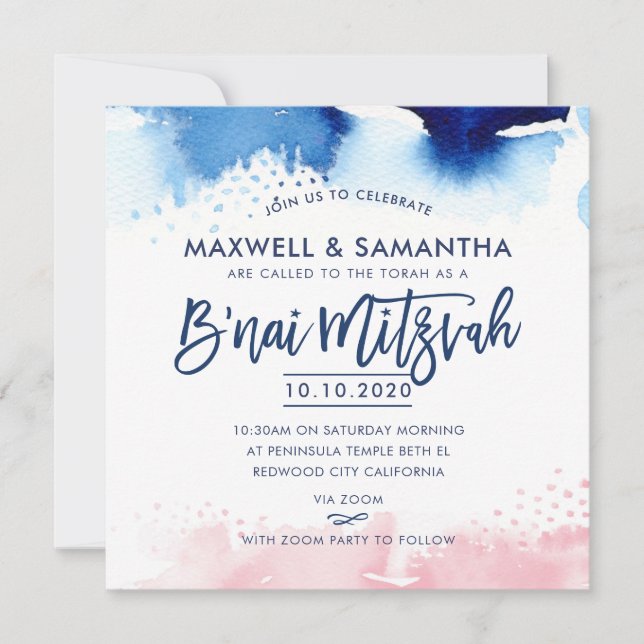 B'NAI MITZVAH hand med blå och rosa vattenfärg Inbjudningar (Framsida)