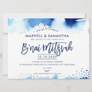 B'NAI MITZVAH INBJUDAN hand, blå vattenfärg