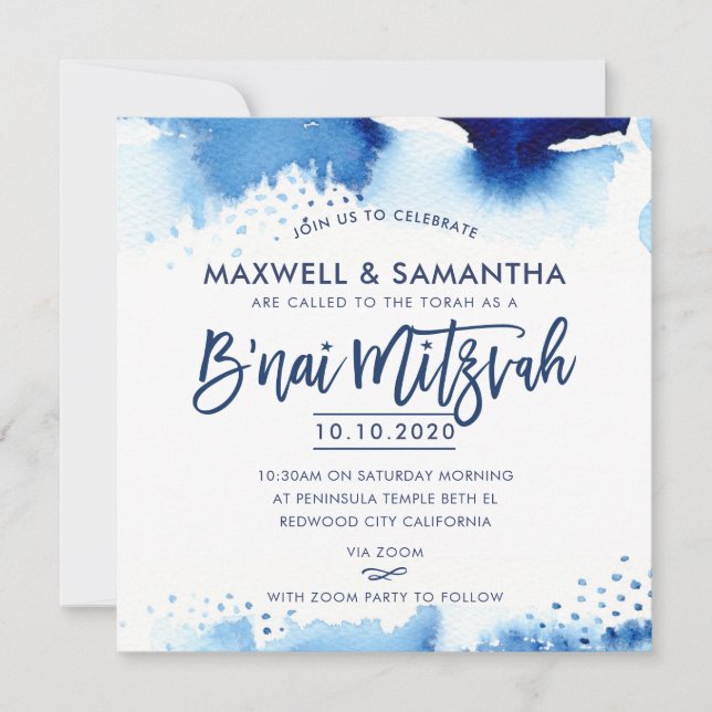 B'NAI MITZVAH INBJUDAN hand, blå vattenfärg (Framsida)