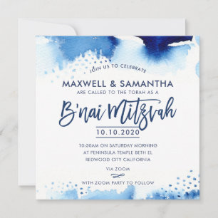 B'NAI MITZVAH INBJUDAN handskriven blå vattenfärg