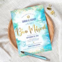 B'nai Mitzvah Modern Guld Turquise Watercolor
