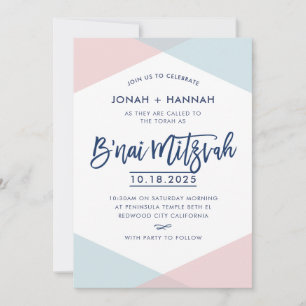 B'NAI MITZVAH modern minimal skript blå rosa Inbjudningar