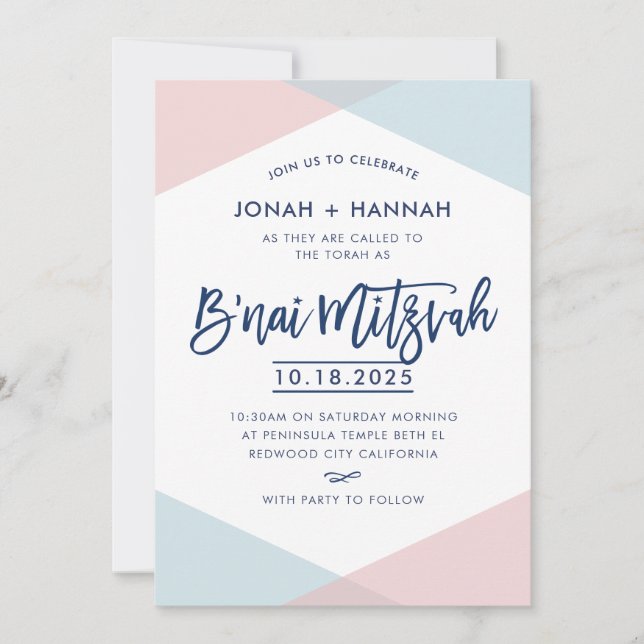 B'NAI MITZVAH modern minimal skript blå rosa Inbjudningar (Framsida)