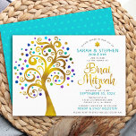 B'nai Mitzvah Tur ise Gold Foil Livets träd Inbjudningar<br><div class="desc">Var stolt, gladd och visa den här milstolpen av din favorit B'nai Mitzvahs! Den här grafikton faux guld foil träd med glatt turkos, teal, lila och blue Star av David och punkt "löv" på vit bakgrund är perfektens inbjudan till detta särskilda tillfälle. En liten, lätt turkotisk blå stjärna av David...</div>