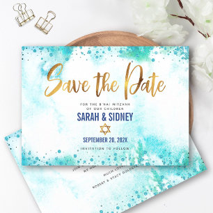 B'nai Mitzvah Tur ise Watercolor Guld skript Spara Datumet