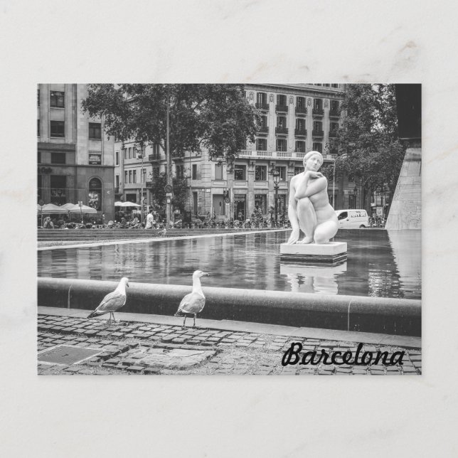 BnW fontän Plaça de Catalunya, Barcelona Vykort (Framsida)