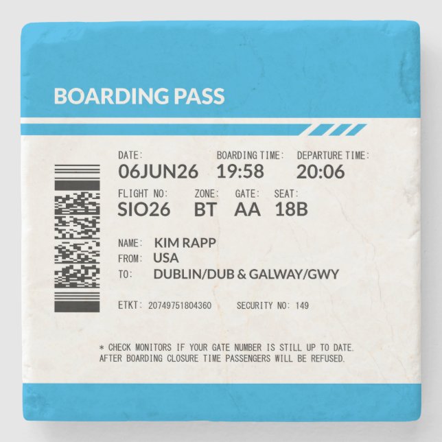 Boarding Pass 6000x6000 (blå) DAM10 Stenunderlägg (Framsidan)