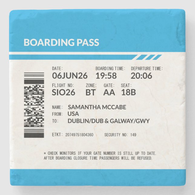 Boarding Pass 6000x6000 (blå) DAM18 Stenunderlägg (Framsidan)