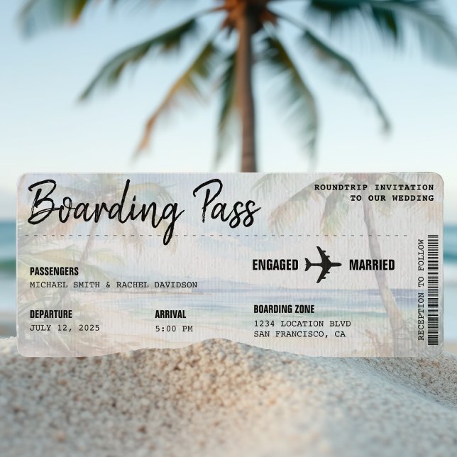 Boarding Pass Beach Handflatan Träd Destinationsbr Inbjudningar (BOARDING PASS WEDDING INVITATION)