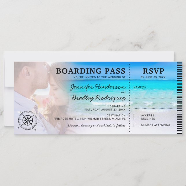 Boarding Pass Beach Photo RSVP & Bröllop Inbjudningar (Framsida)