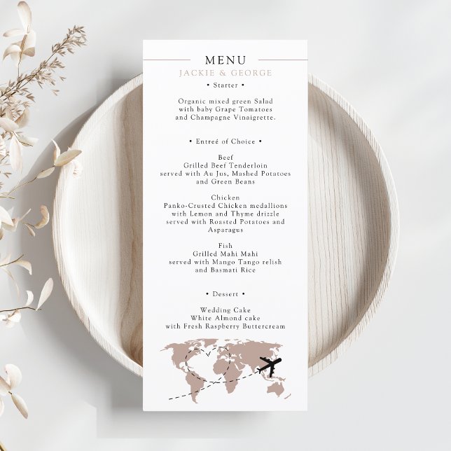 Boarding Pass Beige Neutralt Destination Wedding Meny (World Map Travel Destination Wedding Menu Boarding Pass Passport Beige Neutral Minimalist)