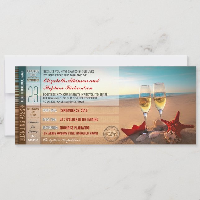 Boarding Pass Biljett Modern Beach Wedand Inbjudningar (Framsida)