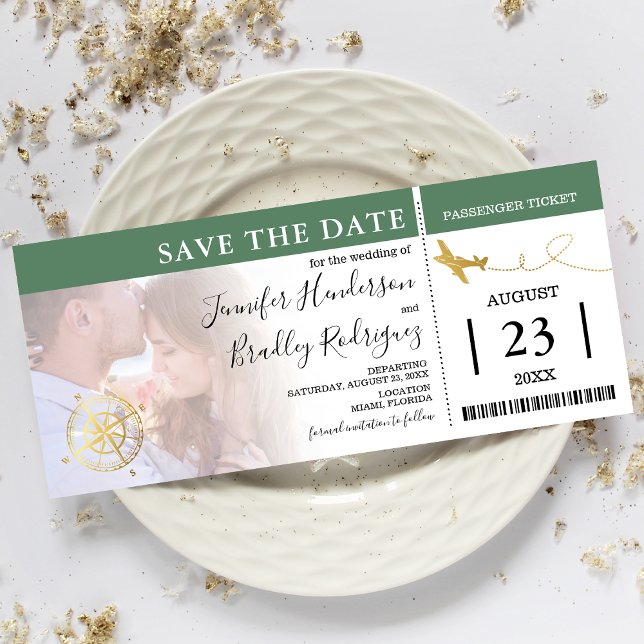 Boarding Pass Biljetter | Green Save the Date Foto Inbjudningar (Skapare uppladdad)