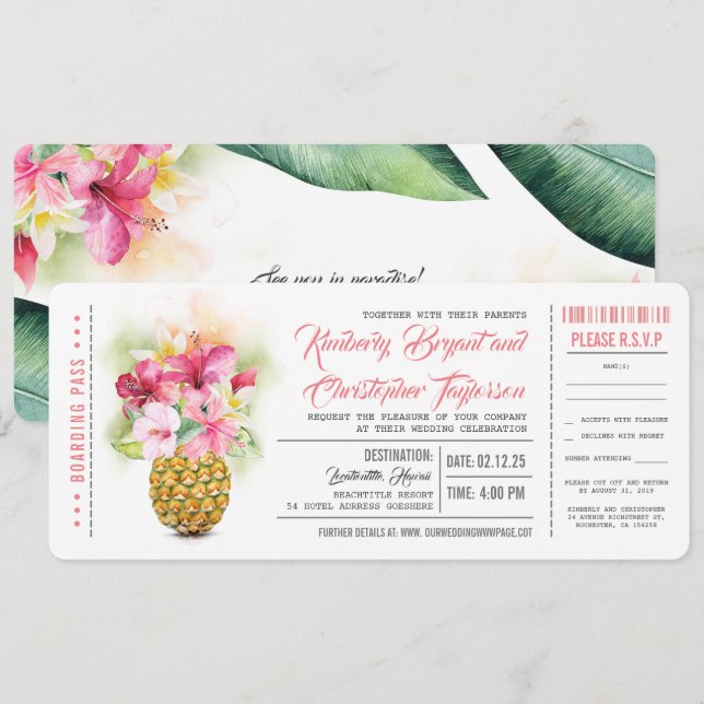Boarding Pass Blommig Ananas Bröllopsbiljetter Inbjudningar (Fram/baksida)
