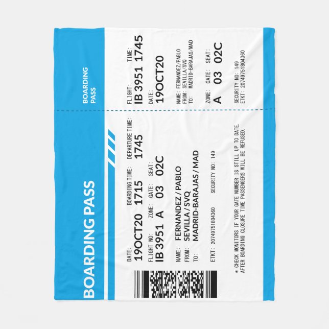 Boarding Pass (blue) Fleecefilt (Framsidan)