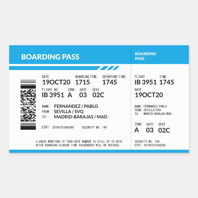 Boarding Pass (blue) Rektangulärt Klistermärke (Framsida)