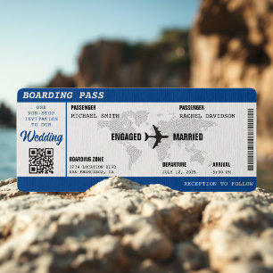 Boarding Pass Blue World Map Destinationsbröllop Inbjudningar