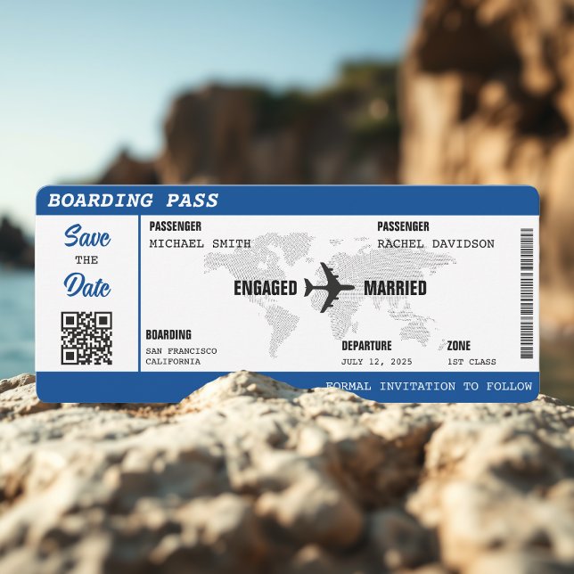 Boarding Pass Blue World Map Destinationsbröllop Spara Datumet (Boarding Pass Blue World Map Destination Wedding Save The Date
)