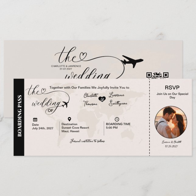 Boarding Pass Bröllopsdestination Flygbolag Inbjud Spara Datumet (Fram/baksida)