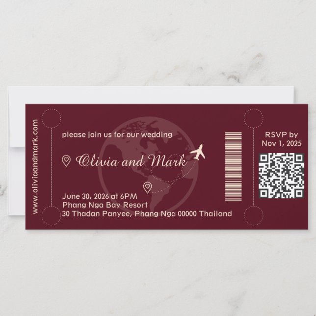 Boarding Pass Bröllopsinbjudan – Burgundy & Cham (Framsida)