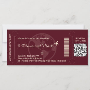 Boarding Pass Bröllopsinbjudan – Burgundy & Cham