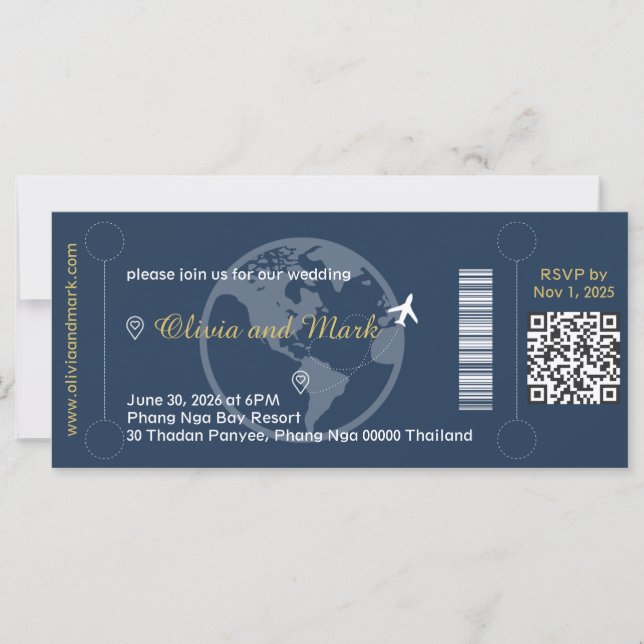 Boarding Pass Bröllopsinbjudan – Marinblå & Guld (Framsida)