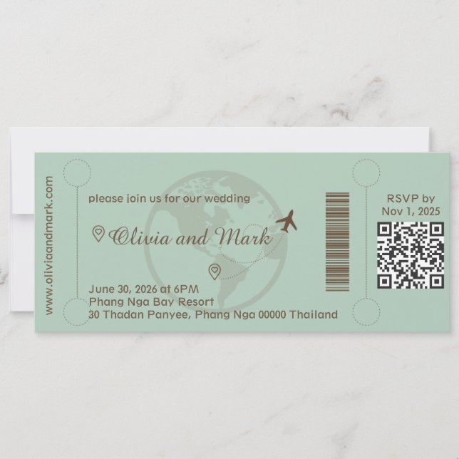 Boarding Pass Bröllopsinbjudan – Sage & Beige Inbjudningar (Framsida)