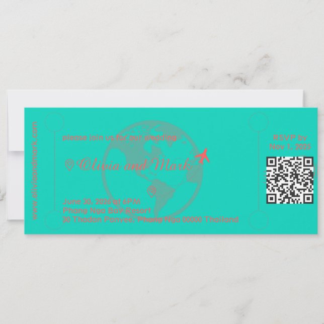 Boarding Pass Bröllopsinbjudan – Turkos & Korall (Framsida)