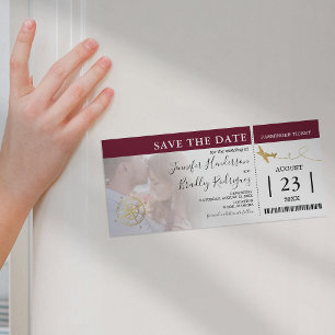 Boarding Pass Burgunder Spara Datum Foto Magnetisk Inbjudningskort