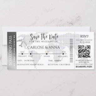 Boarding Pass Destinationsbröllop QR-kod grått Inbjudningar