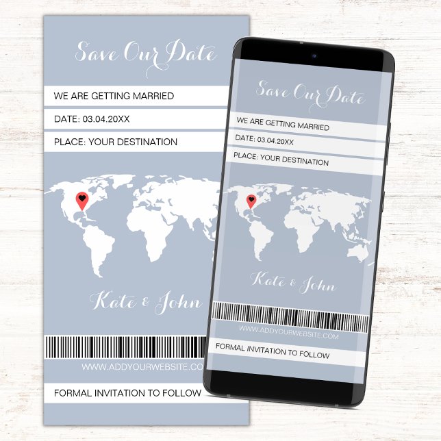 Boarding Pass Destiny Dusty Blue World Map Spara Datumet (Dusty Blue Save The Date Electronic Boarding Pass Invitation Save Our Date Evite)