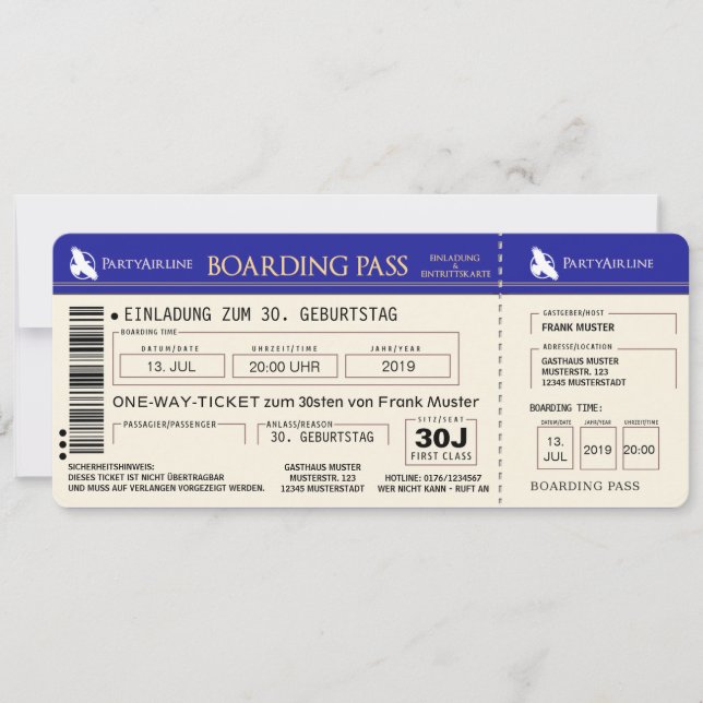 BOARDING PASS Flugticket Einladungskarte (blau) Inbjudningar (Framsida)
