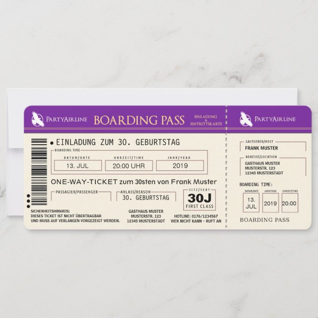 BOARDING PASS Flugticket Einladungskarte (lila) Inbjudningar (Framsida)