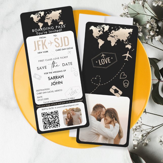 Boarding Pass Flygplan Biljett destination med Pho Inbjudningar (black and gold boarding pass save the date with photo and qr code)