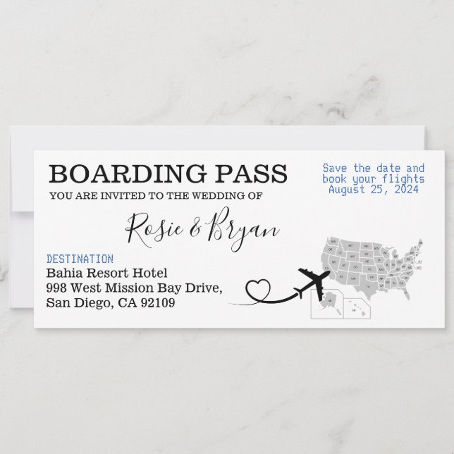 Boarding Pass for a bröllop in San Diego, USA Inbjudningar (Framsida)