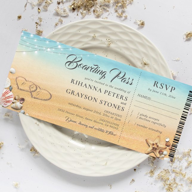 Boarding Pass Hjärtbröllop i sanden Inbjudningar (Skapare uppladdad)