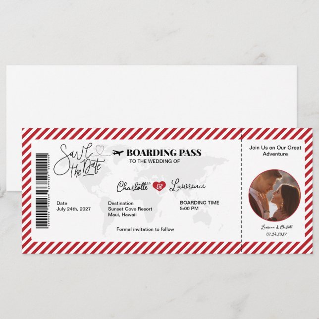 Boarding Pass Romantik Röd Mönster Bröllop Spara Datumet (Fram/baksida)