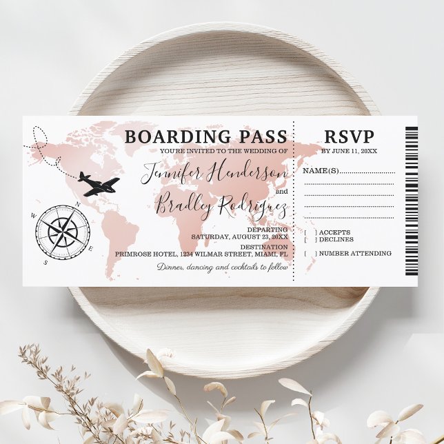 Boarding Pass Rosa Guld Bröllop Världskarta Inbjud Inbjudningar (Skapare uppladdad)