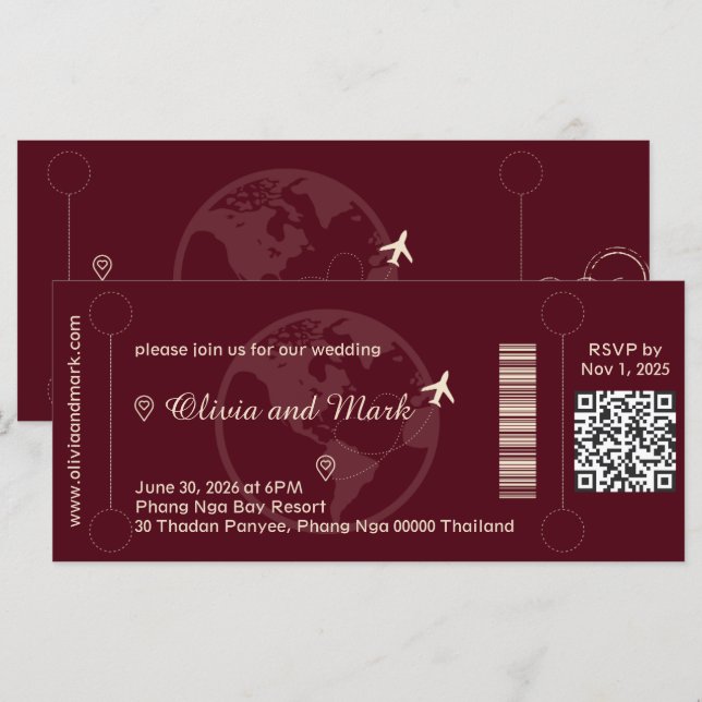 Boarding Pass RSVP-kort – Burgundy & Champagne (Fram/baksida)